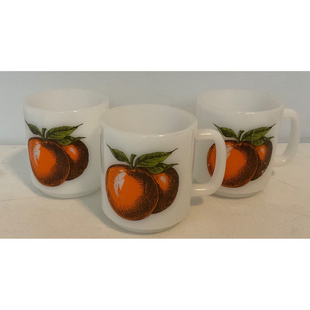 Vintage Glasbake Milk Glass Mugs Set of 3 Orange Fruit Graphic White Coffee Cups